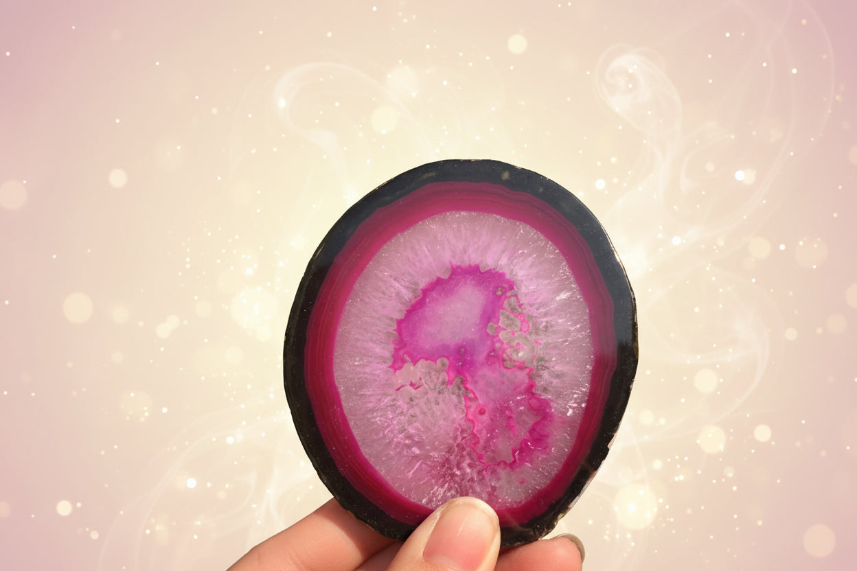 Person holding a pink and white geode against a green leafy background
