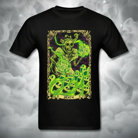 Black t-shirt with a green and purple graphic design of a skeleton and text on a white background