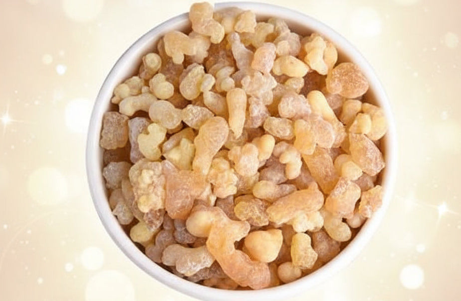 Bowl of frankincense resin on a white background