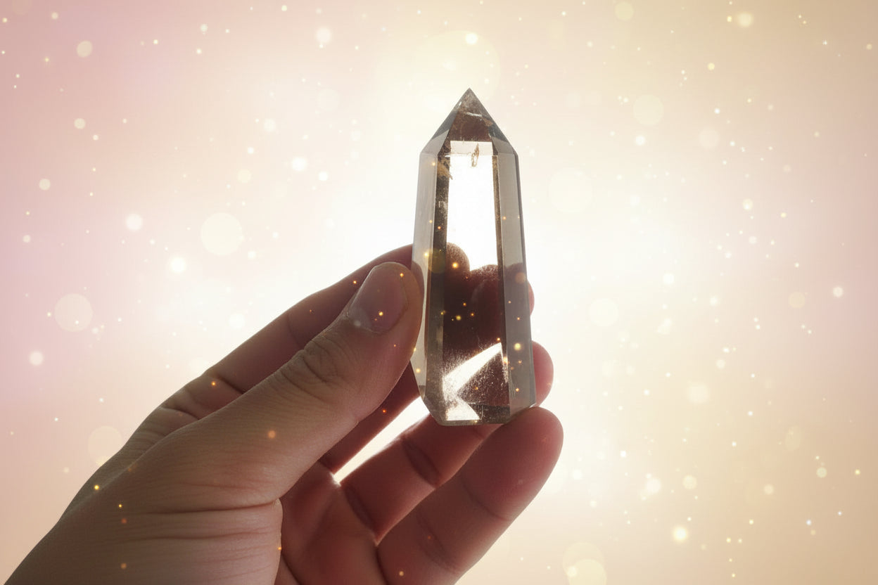 Hand holding a crystal with a blurred green plant in the background