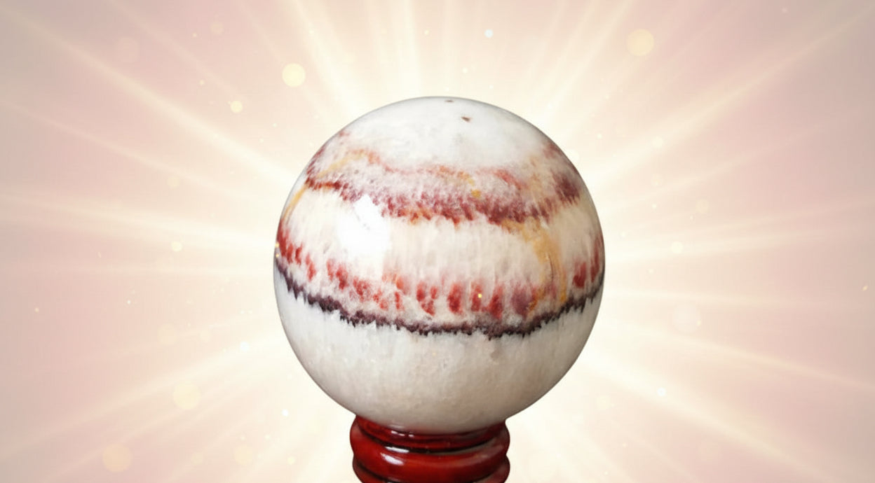 Marbled sphere on a stand with blurred spherical objects in the background
