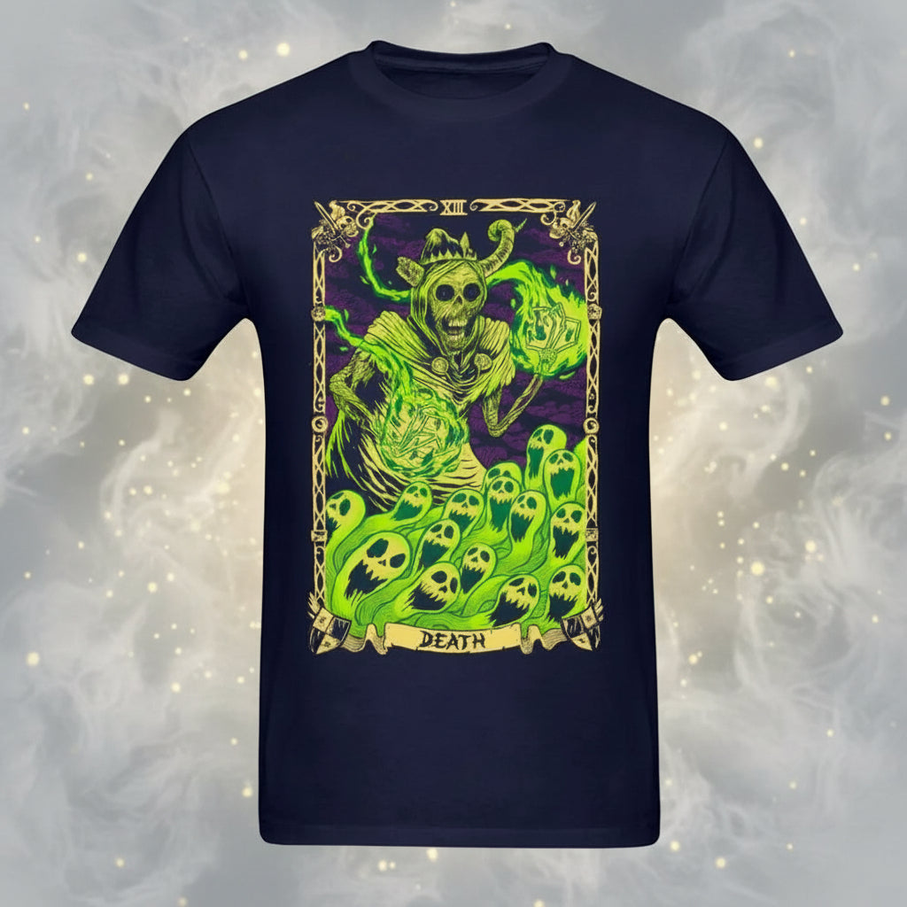 Navy blue t-shirt with a green and purple graphic design of a skeleton and tarot card on a white background.