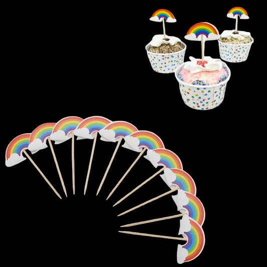 Set of rainbow cupcake toppers with a close-up of cupcakes decorated with them on a white background.