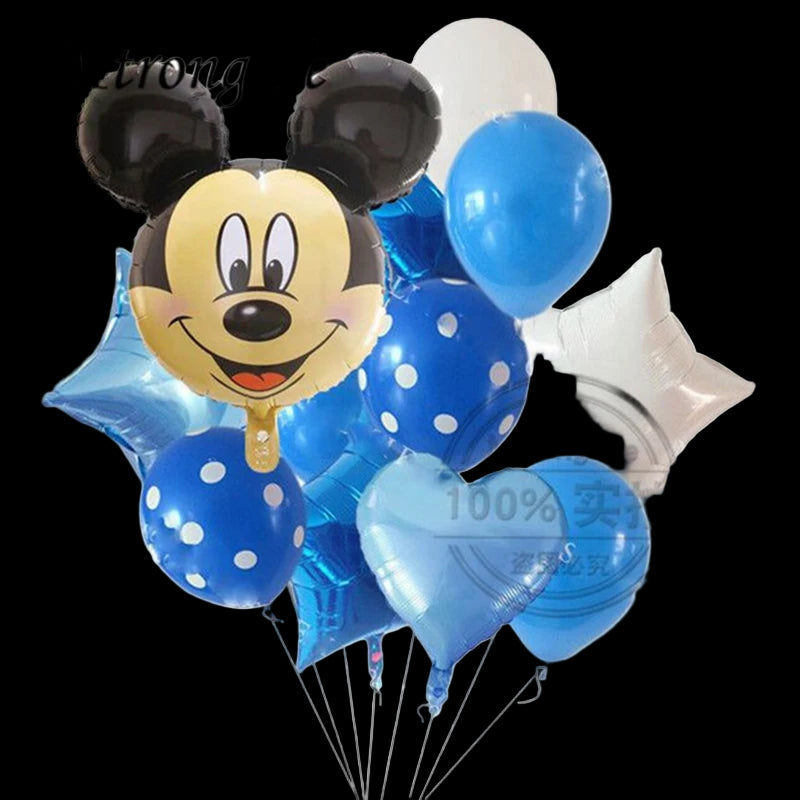 Balloon bouquet with a character balloon and blue balloons on a white background