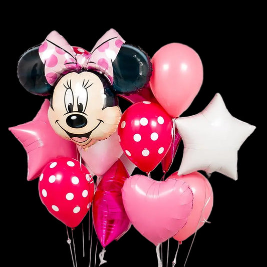 Balloon bouquet featuring a Minnie Mouse balloon with pink and red polka dot balloons on a white background.