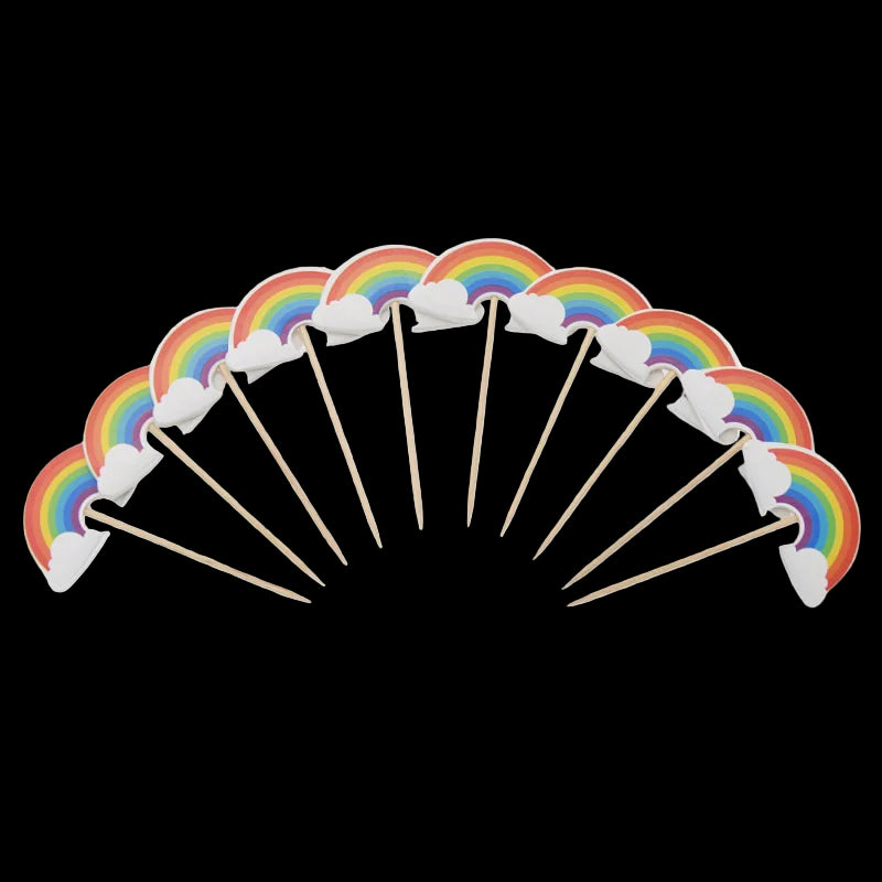 Set of rainbow and cloud-themed cupcake toppers on wooden sticks with 'Lychee' branding.