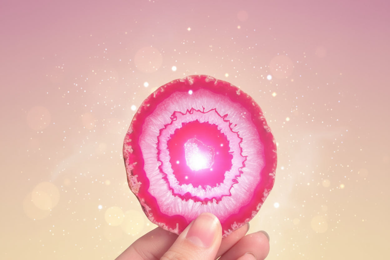 Pink and white layered rock held in front of green foliage