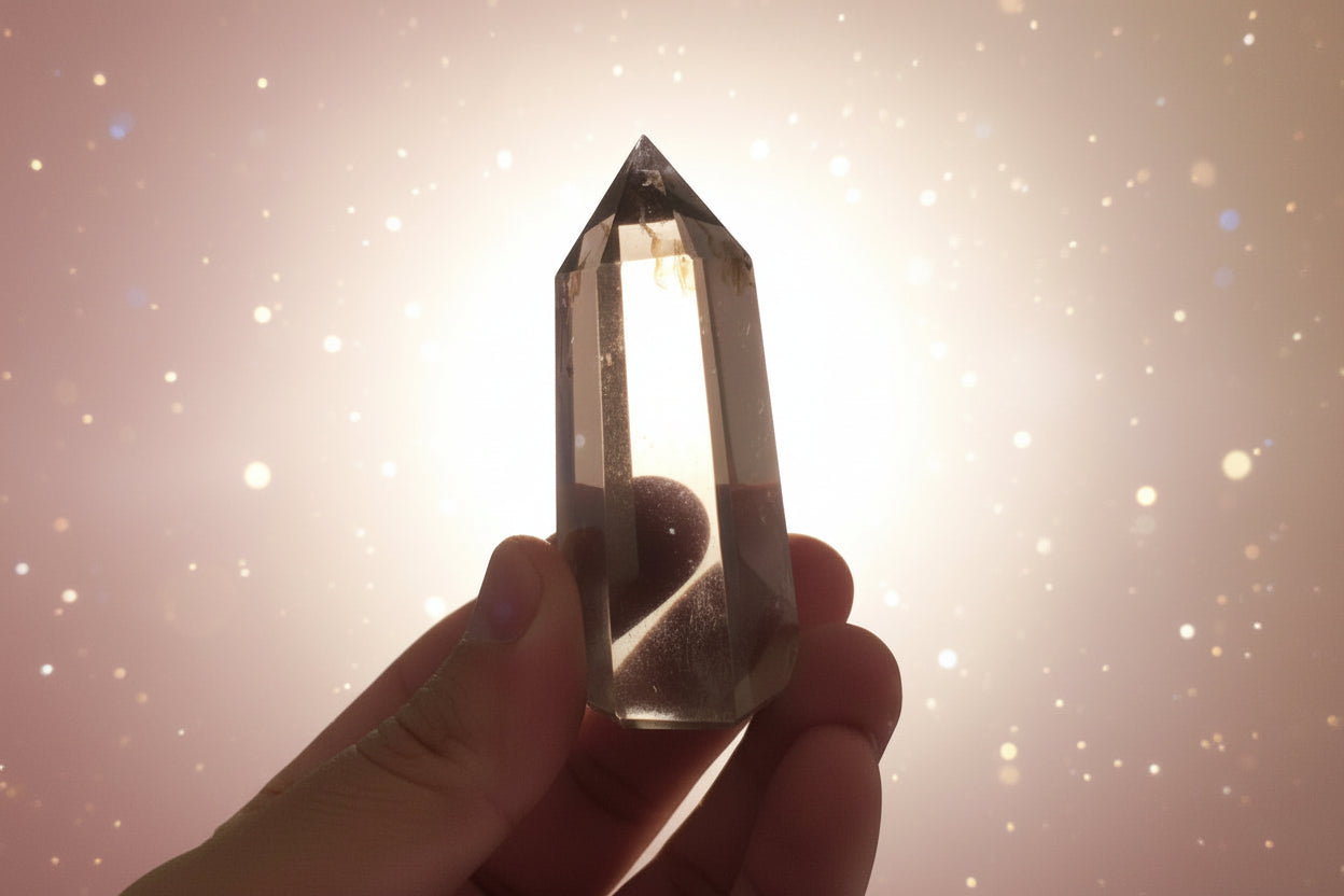 Hand holding a crystal with a plant in the background