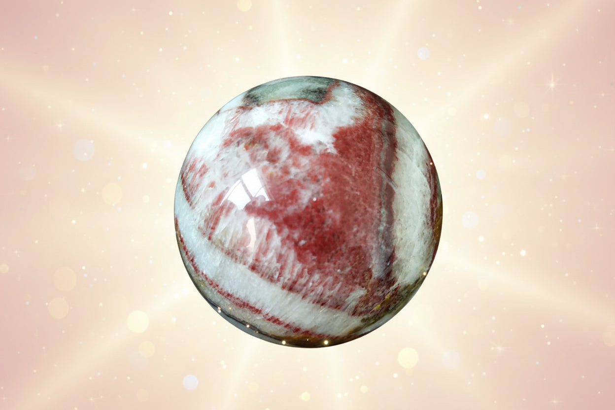 Marbled red and white object on a black background