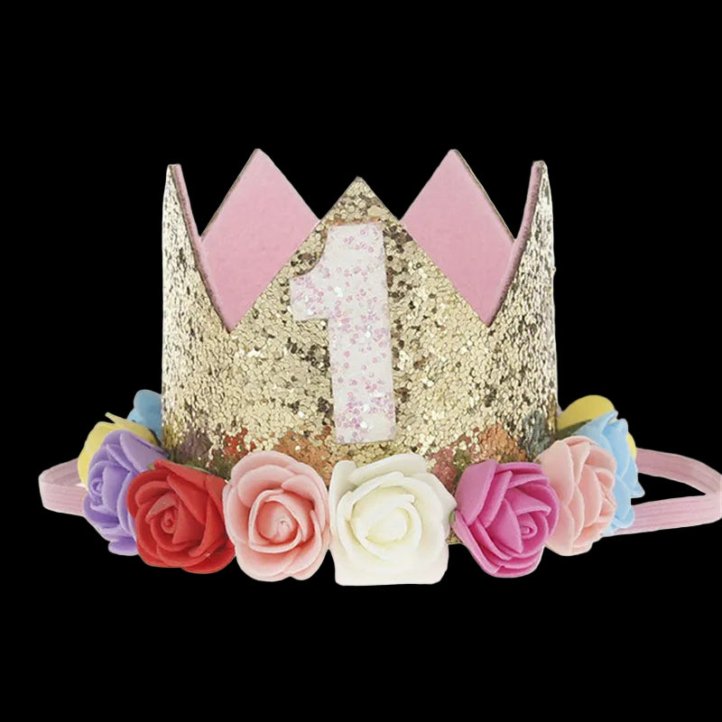Children's crown with gold glitter, pink, and multicolored flowers on a white background