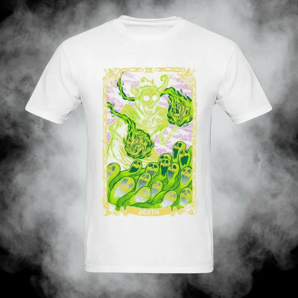 White t-shirt with a graphic design of green skulls and the word 'DEATH' on a white background