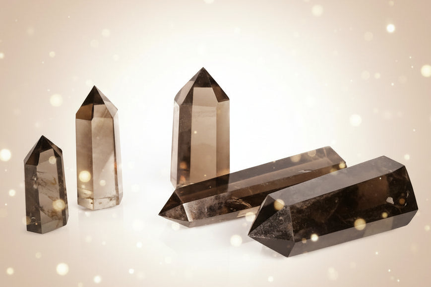 Set of five smoky quartz crystal points on a white background