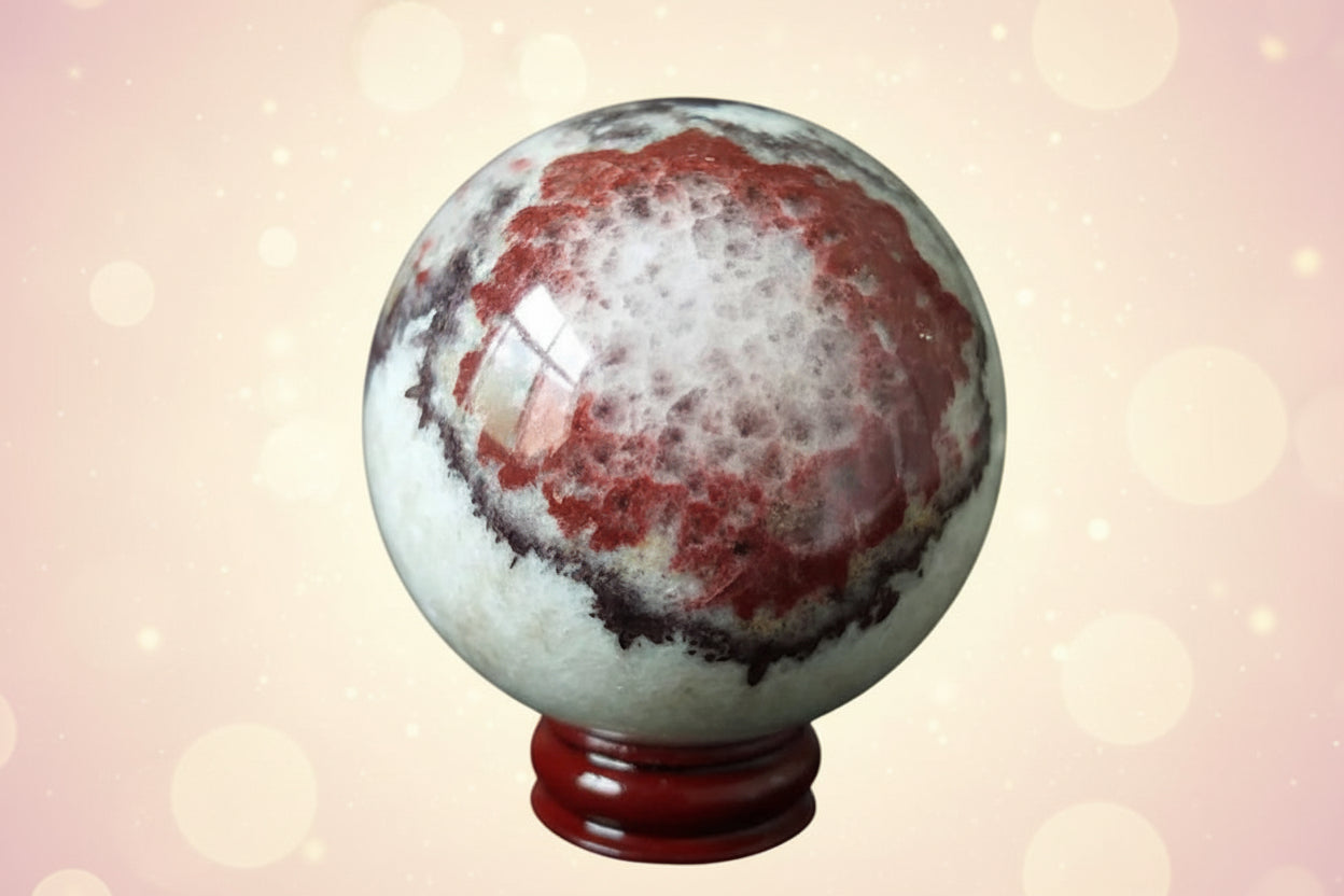 Close-up of a red and white marbled stone on a dark background