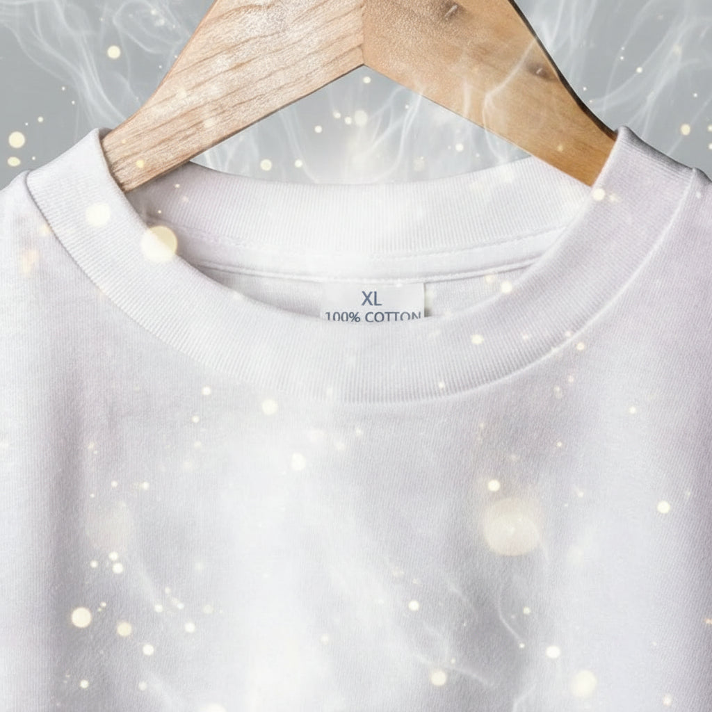 White sweatshirt on a wooden hanger with 'XL' and '100% Cotton' labels.