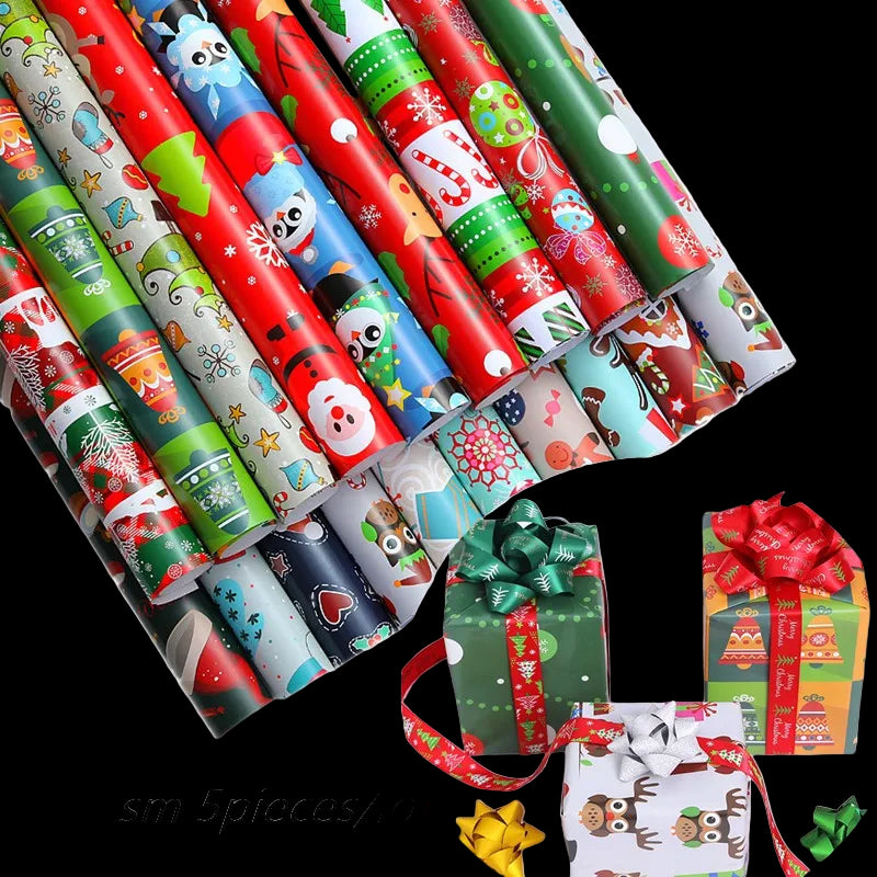 Rolls of colorful Christmas-themed wrapping paper with decorative bows and packages.