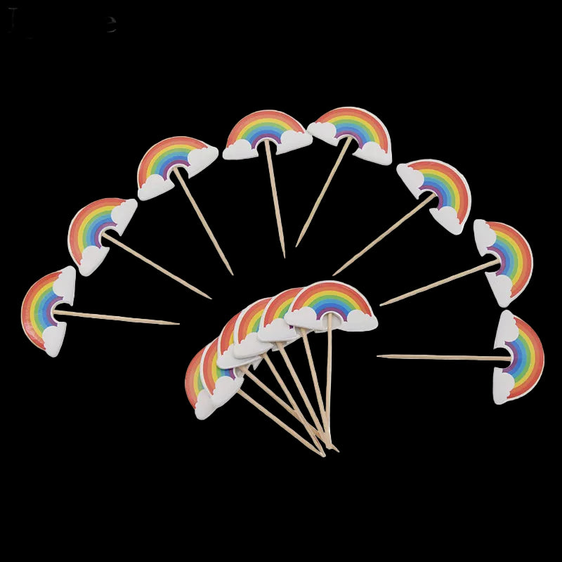 Set of rainbow-themed cupcake toppers on sticks with Lychee branding.