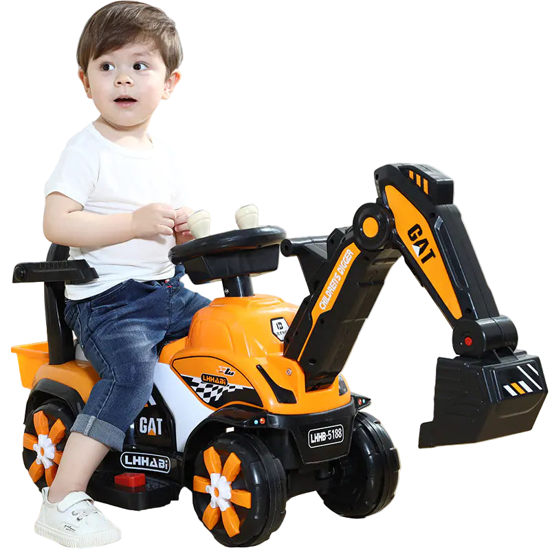 Child sitting on a toy excavator with 'CAT' branding indoors.