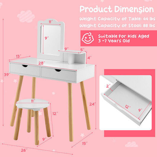 Children's vanity table with stool and mirror, including dimensions and weight capacity on a pink background.