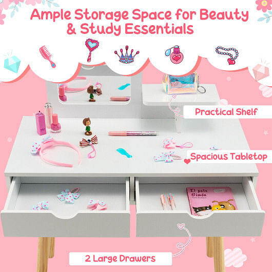 White children's desk with storage drawers on a pink background, featuring beauty and study essentials.