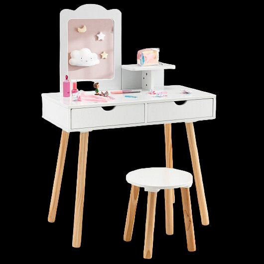 White children's vanity table with wooden legs and a matching stool on a white background