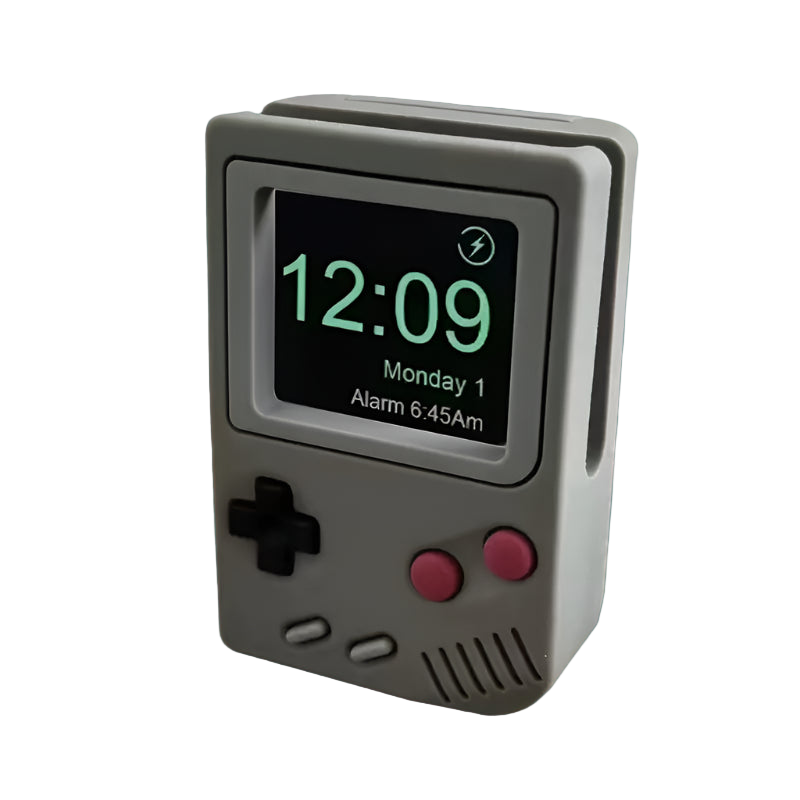 Digital clock designed to resemble a Game Boy console on a white background
