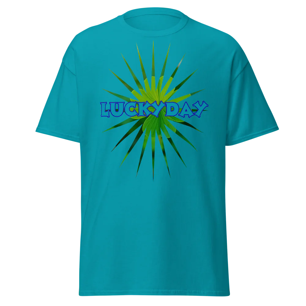 Blue t-shirt with 'LUCKY DAY' graphic on a white background