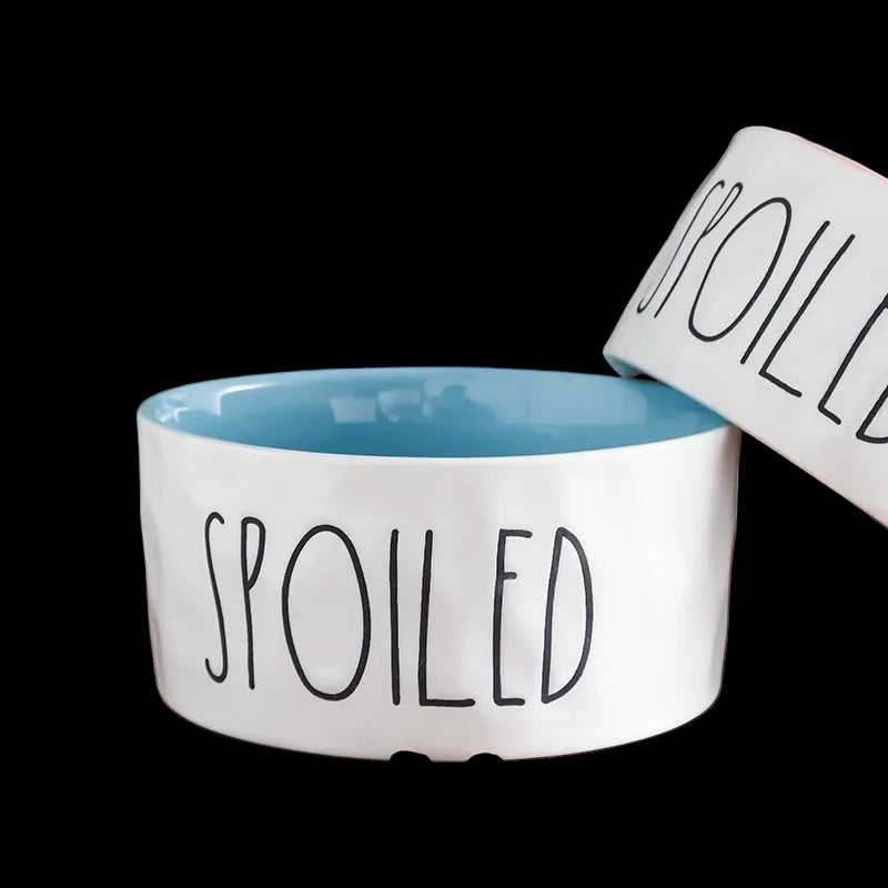 White pet bowl with blue interior labeled 'Spoiled' on a wooden surface.