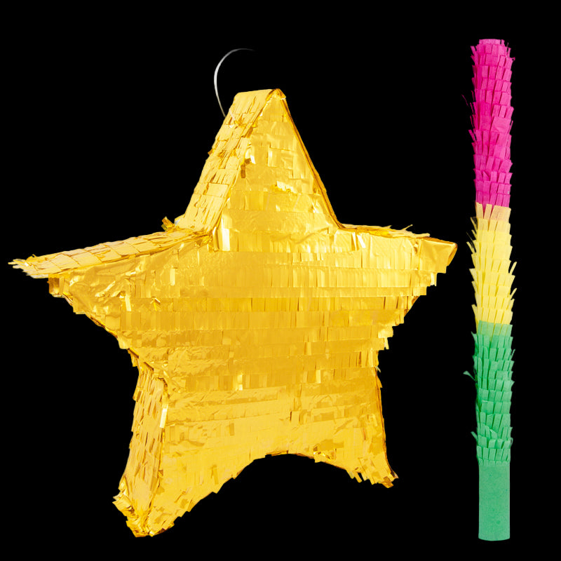 Yellow star-shaped piñata with a colorful stick on a white background