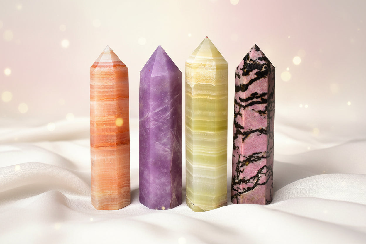 Four crystal towers of different colors on a textured surface with a neutral background