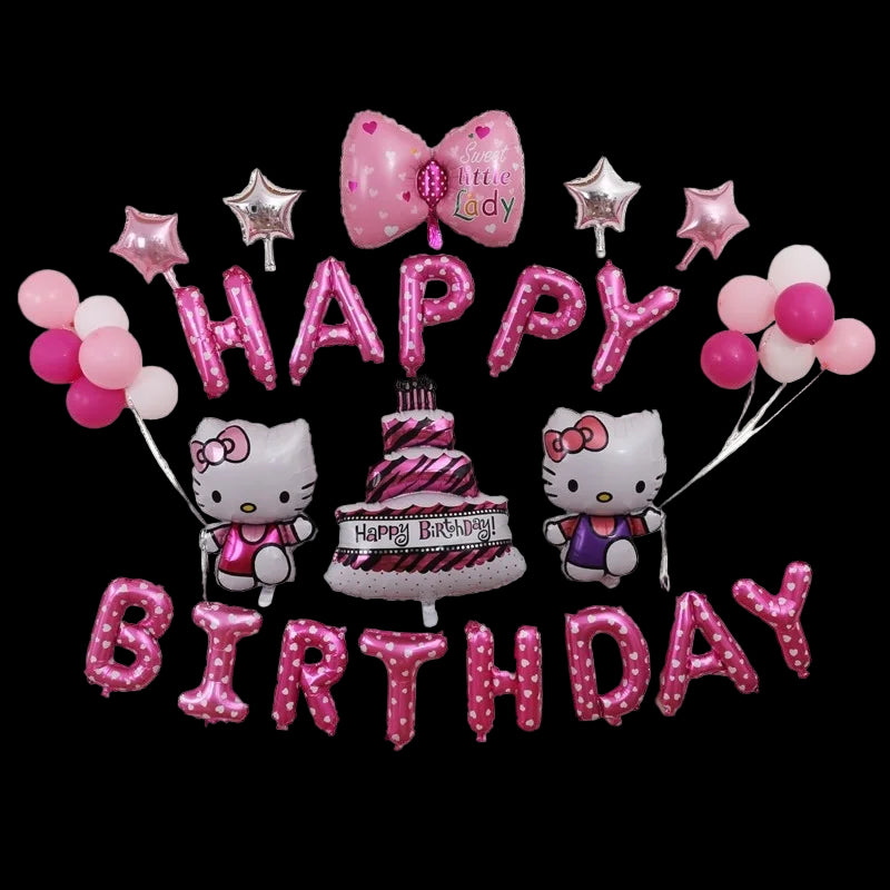 Pink and white birthday balloon set with 'Happy Birthday' text and Hello Kitty characters on a white background.