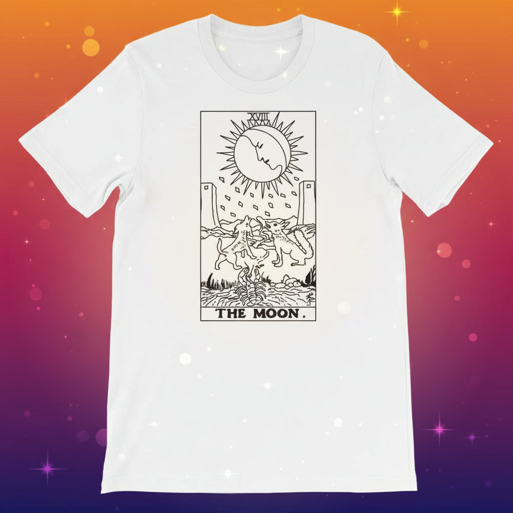 White t-shirt with 'The Moon' tarot card design on a white background