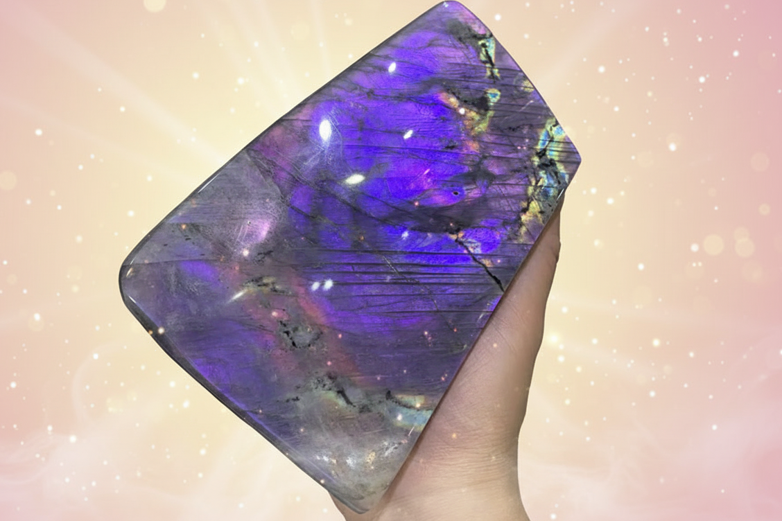 Person holding a colorful crystal with iridescent properties