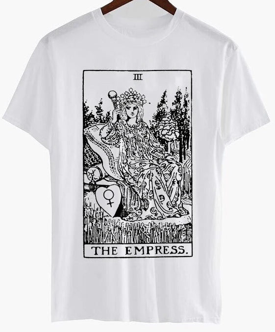 White t-shirt with 'The Empress' tarot card design on a hanger