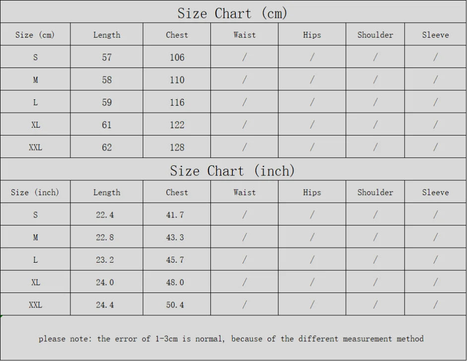 Size chart in centimeters and inches with measurements for length, chest, waist, hips, shoulder, and sleeve.