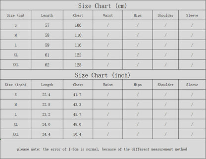 Size chart in centimeters and inches with measurements for length, chest, waist, hips, shoulder, and sleeve.
