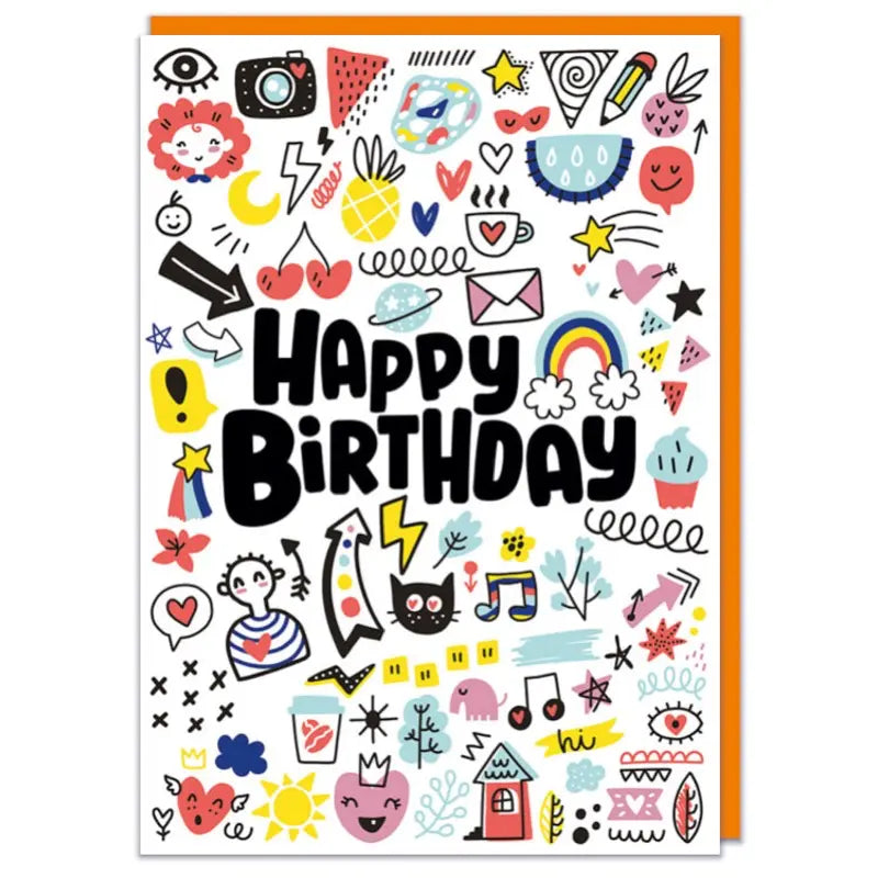 Colorful birthday card with various illustrations and 'Happy Birthday' text.