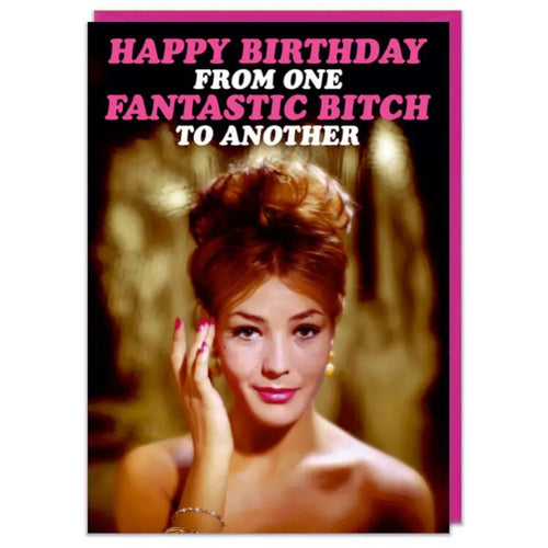 Birthday card with a vintage-style photo of a woman and humorous text.