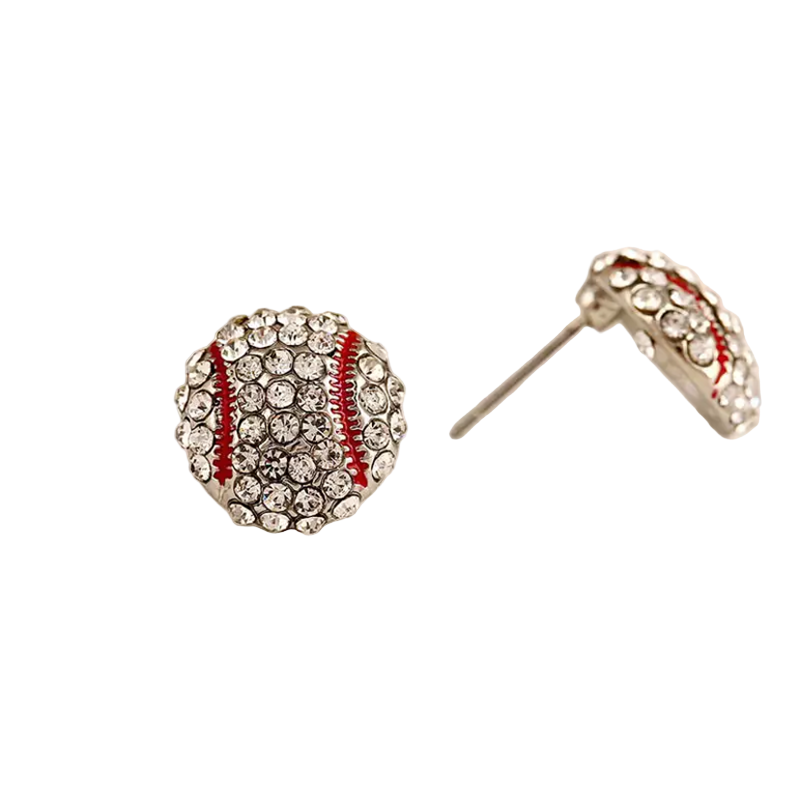 Baseball-shaped earrings with rhinestone details on a light background