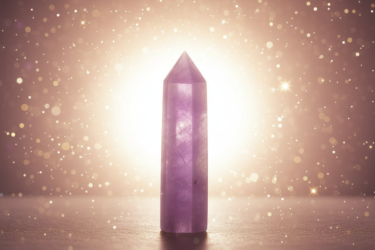Purple crystal tower on a light surface with a blurred background