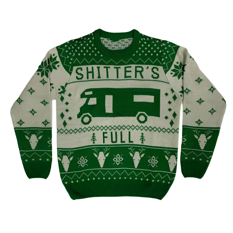 Green and gray sweater with text and graphics on a white background