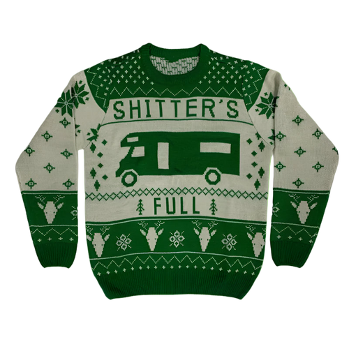 Green and gray sweater with text and graphics on a white background