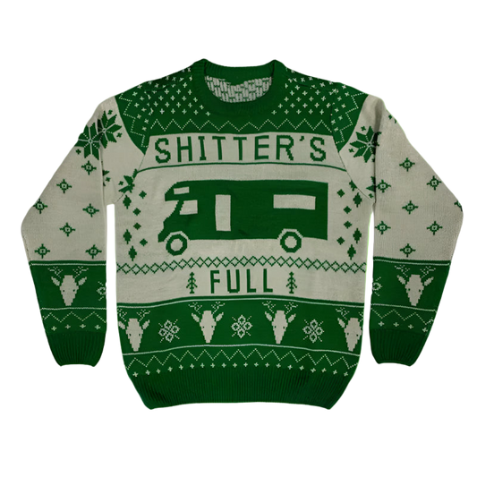 Green and gray sweater with text and graphics on a white background
