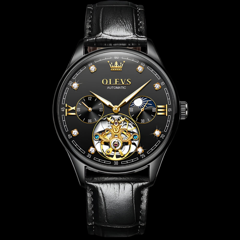Black OLEVS watch with detailed face and leather strap on a white background