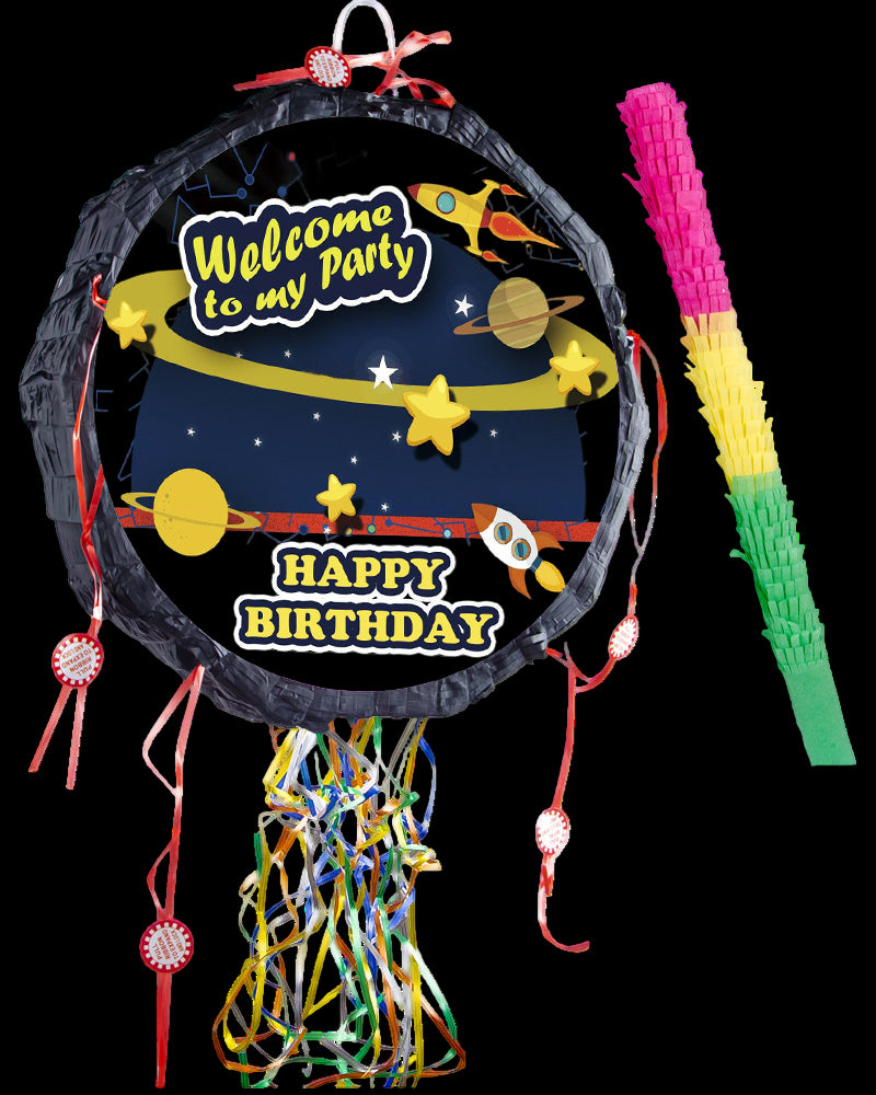 Space-themed birthday party kit with pinata, streamers, and confetti on a white background