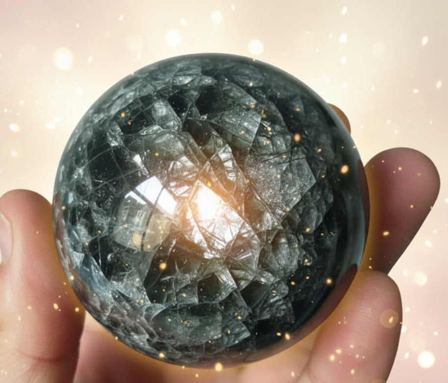 Person holding a rough-textured stone sphere