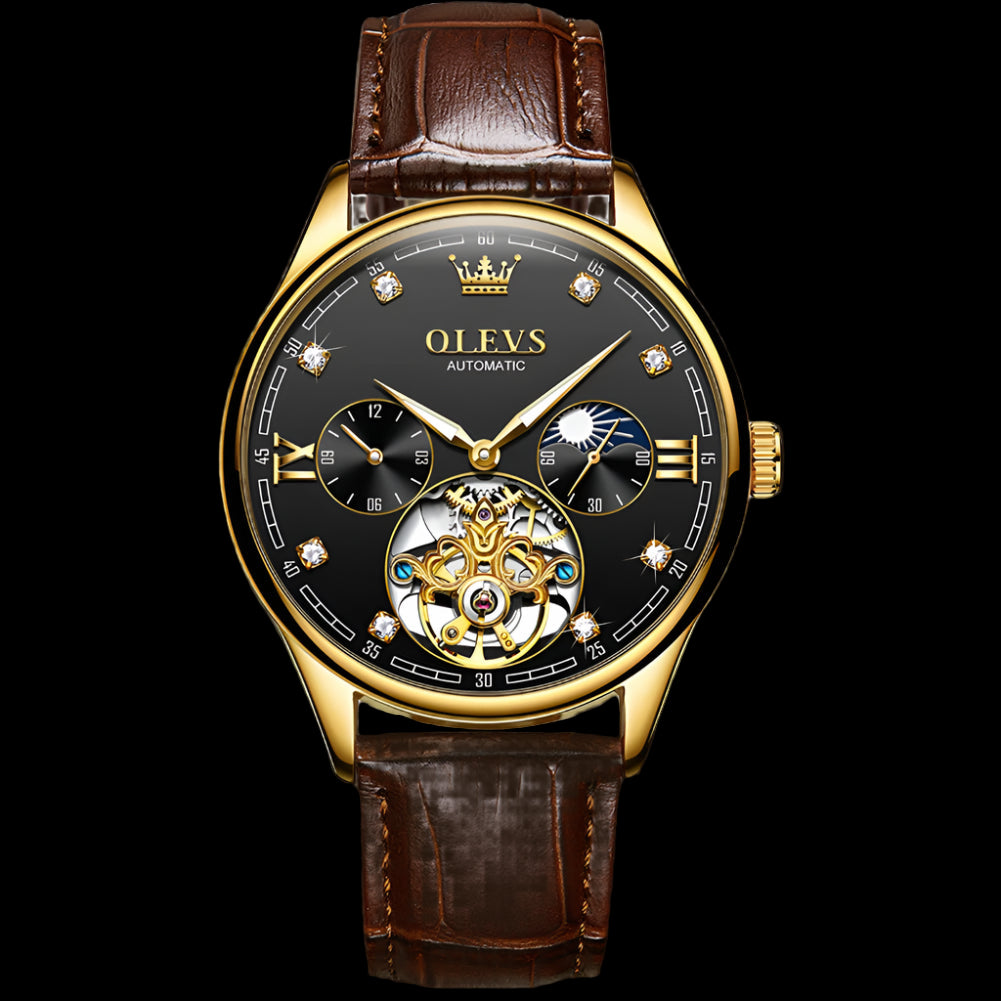 Luxury watch with brown leather strap and black dial featuring OLEVS branding.
