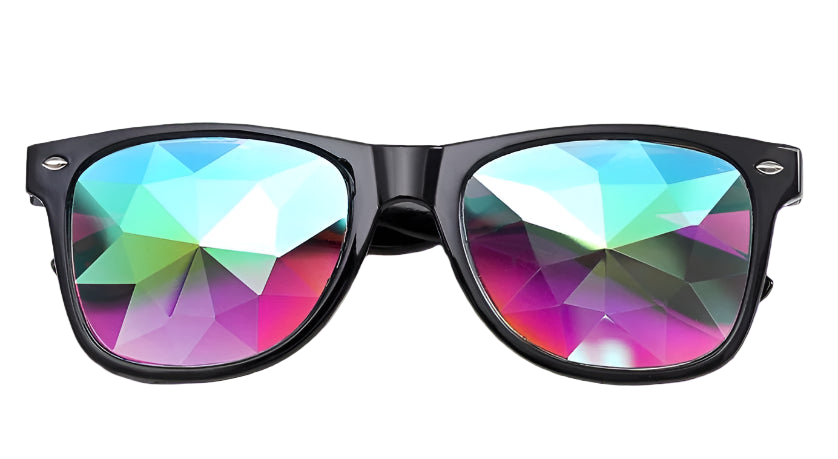 Black-framed sunglasses with colorful, geometric lens design on a white background