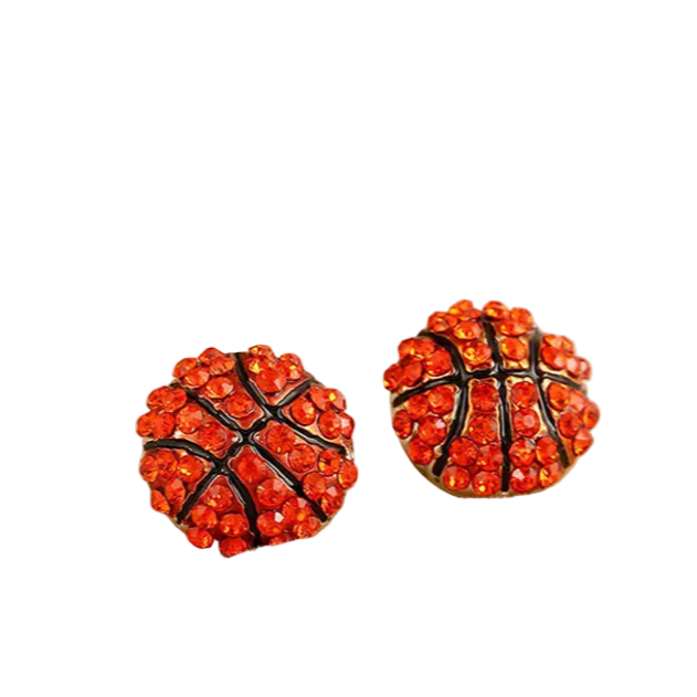 Basketball-themed earrings on a beige jewelry cushion