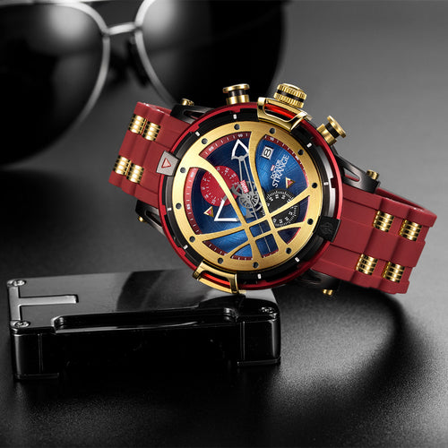 Luxury watch with a red strap and gold accents on a dark background