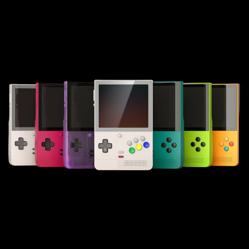 Row of colorful handheld gaming consoles on a white background